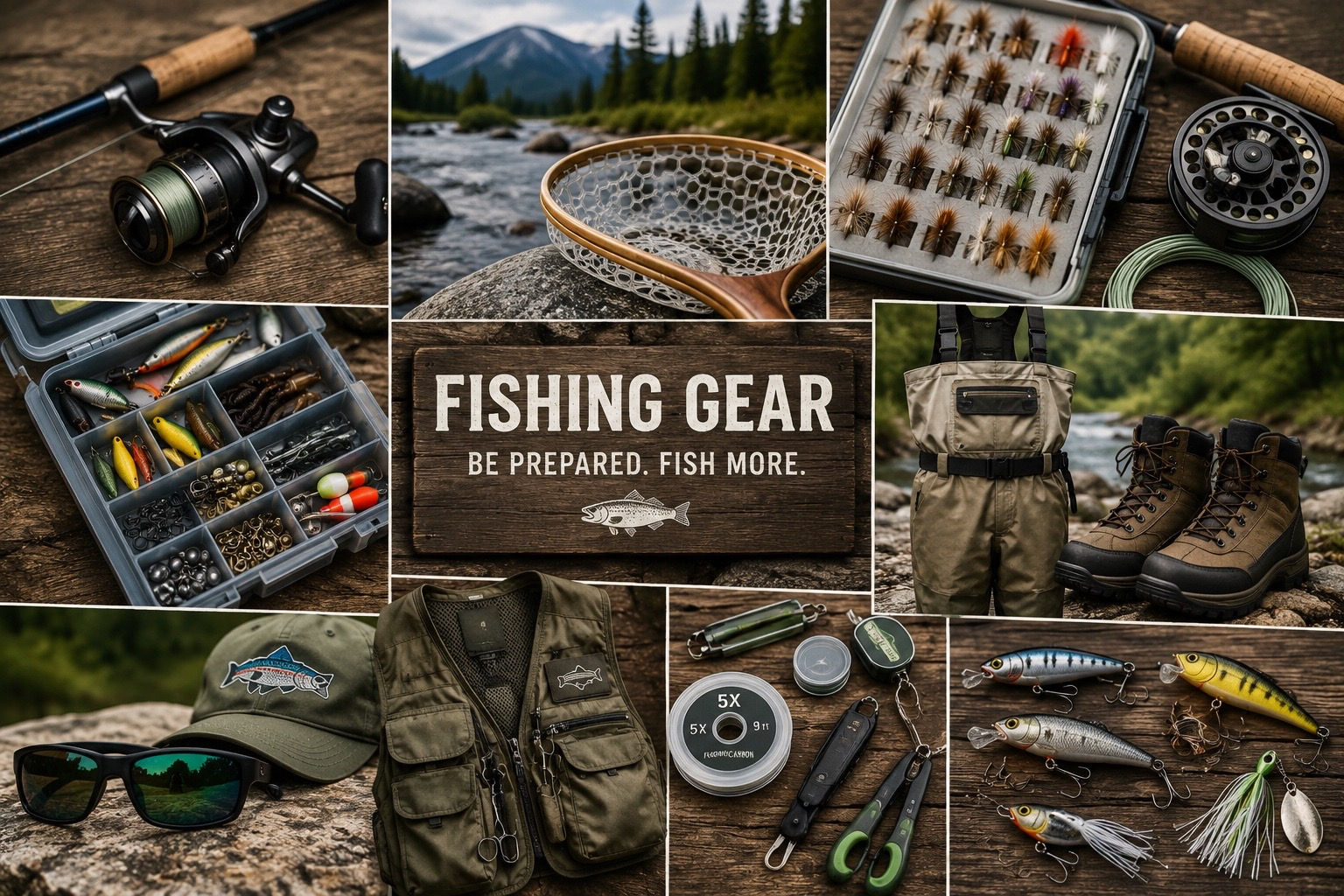 Fishing gear collage with rods reels flies tackle waders and boots
