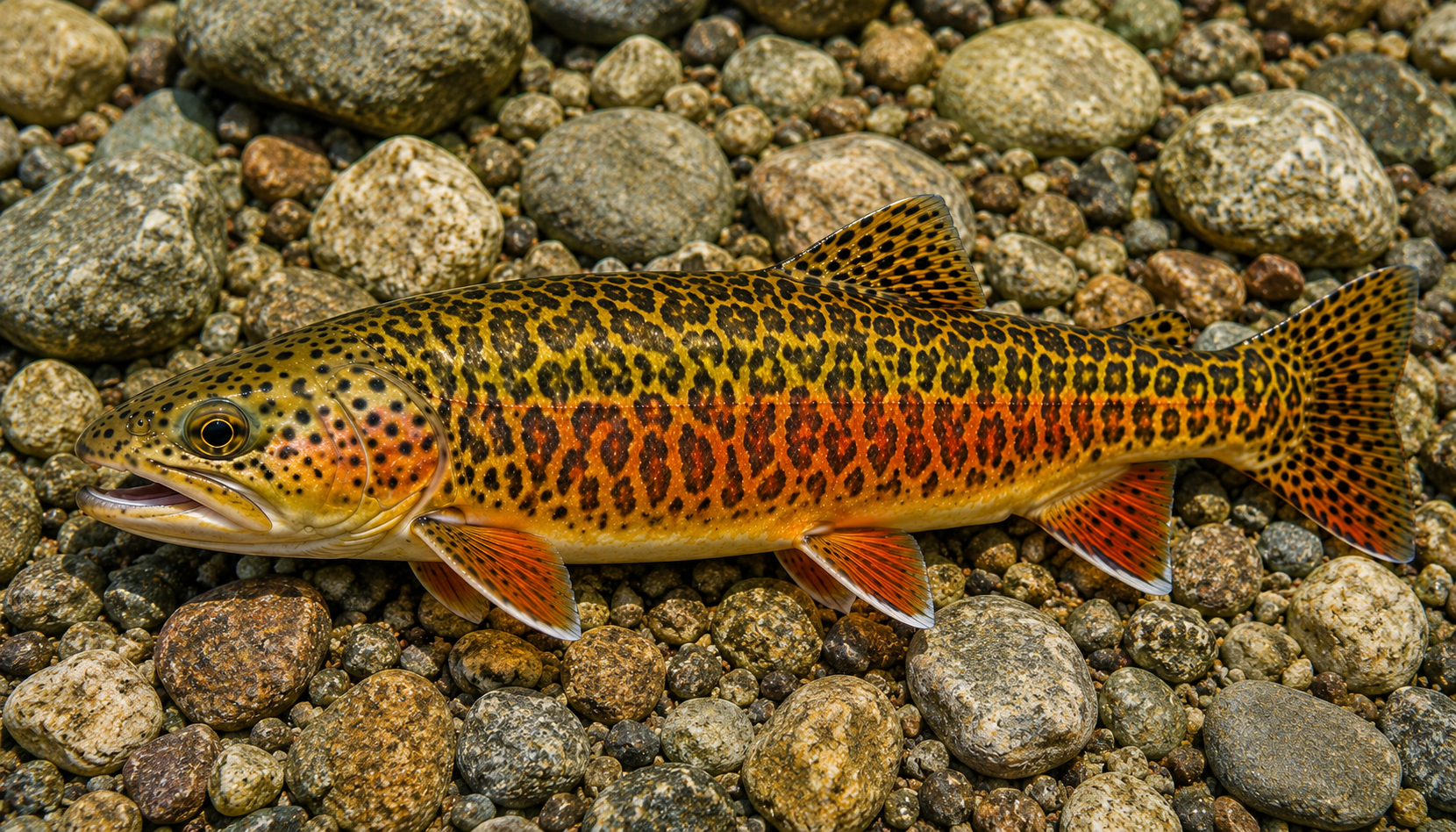 Montana tiger trout on river rocks